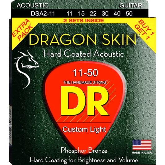 DR Strings Dragonskin Clear-Coated Acoustic Guitar Strings, DSA11, Custom Light, 2-Pack, 18568