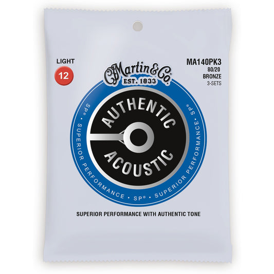 Martin Authentic SP 80/20 Bronze Acoustic Guitar Strings, MA140, 3-Pack, Light