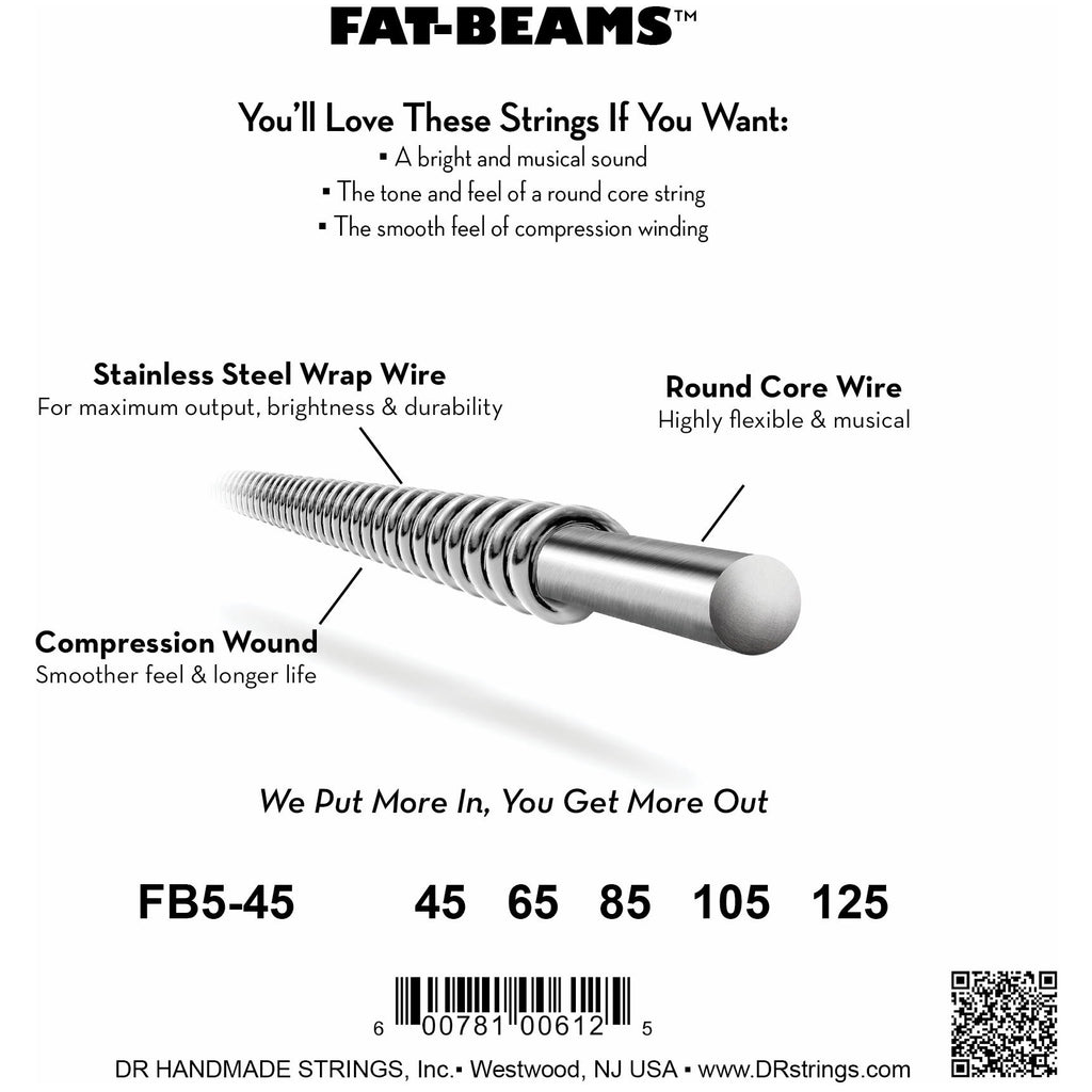 DR Strings FB5-45 Fat-Beams 5-String Medium Electric Bass Strings, 45-125, Image 3