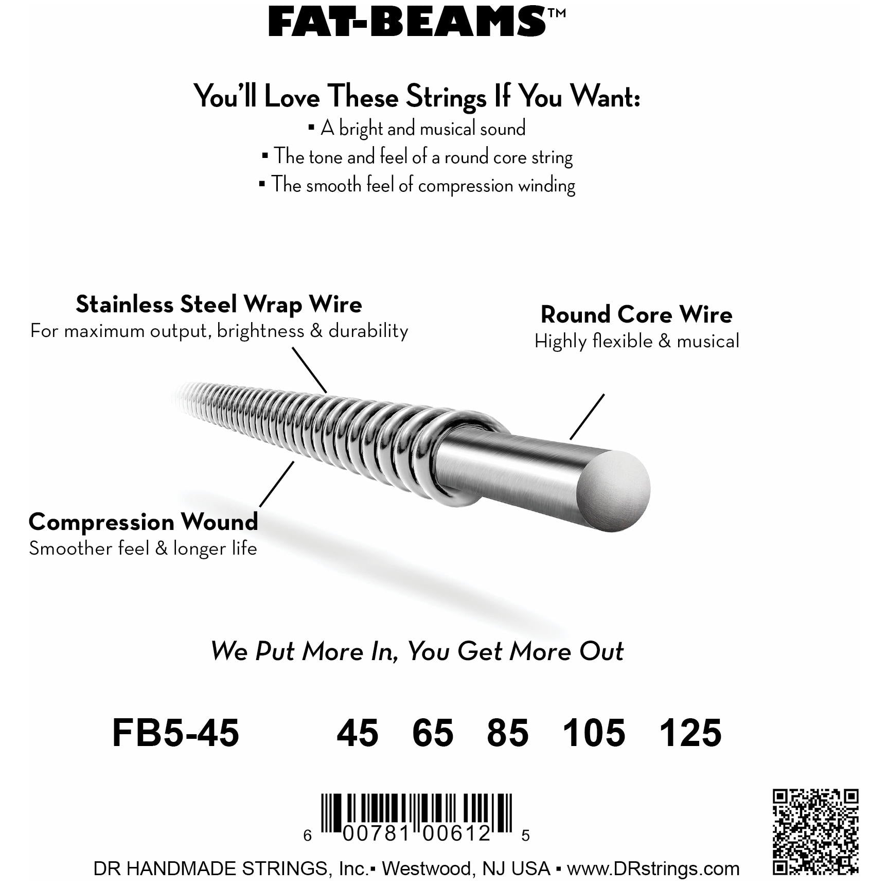 DR Strings FB5-45 Fat-Beams 5-String Medium Electric Bass Strings, 45-125, Image 3