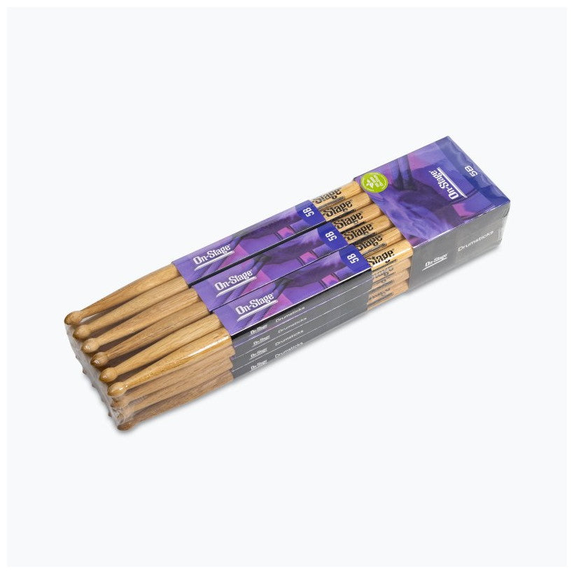 On-Stage Hickory 5B Wood Tip Drum Sticks, 12 Pair