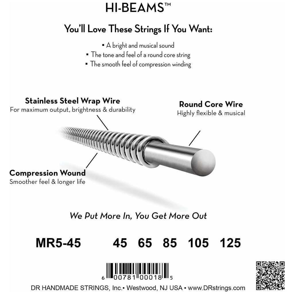 DR Strings MR5-45 Hi-Beam 5-String Medium Electric Bass Strings, 45-125, Image 4