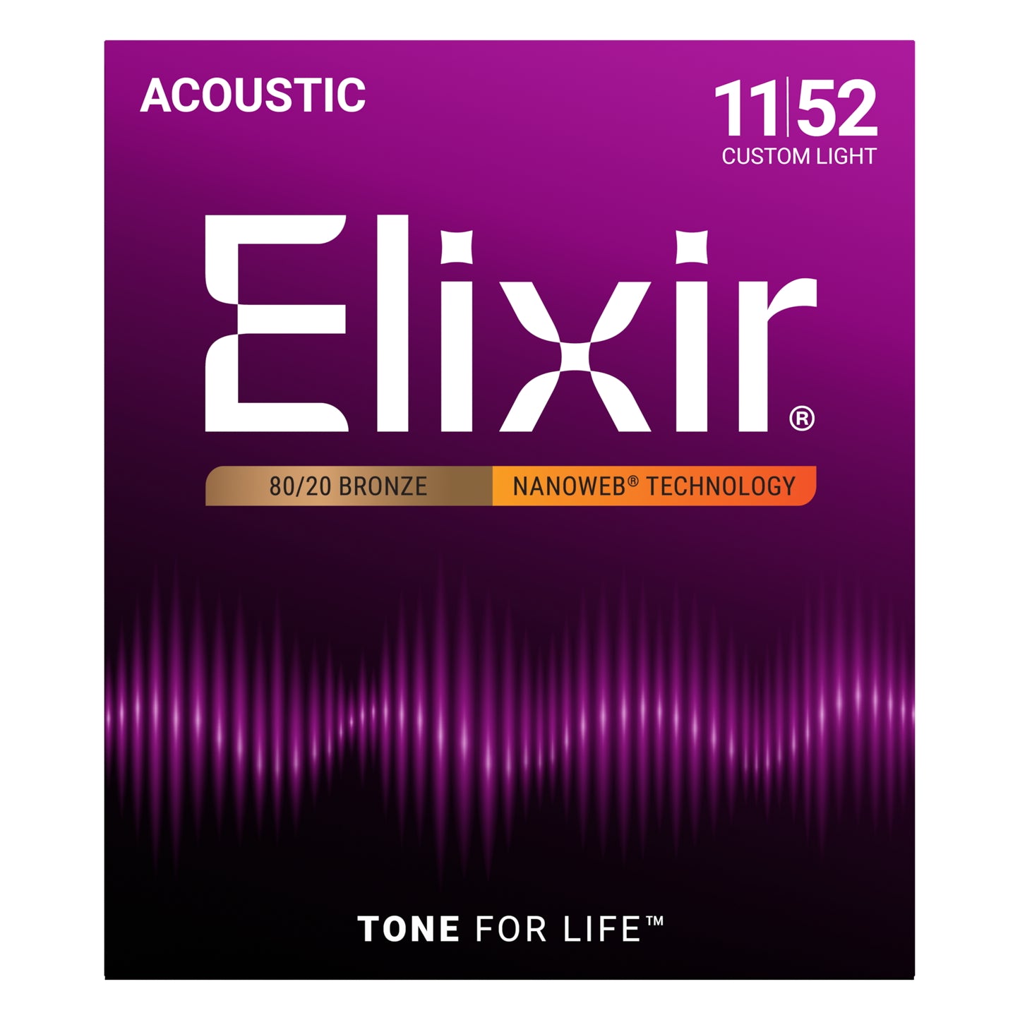 Elixir Nanoweb 80/20 Bronze Custom Light Acoustic Guitar Strings, 11-52