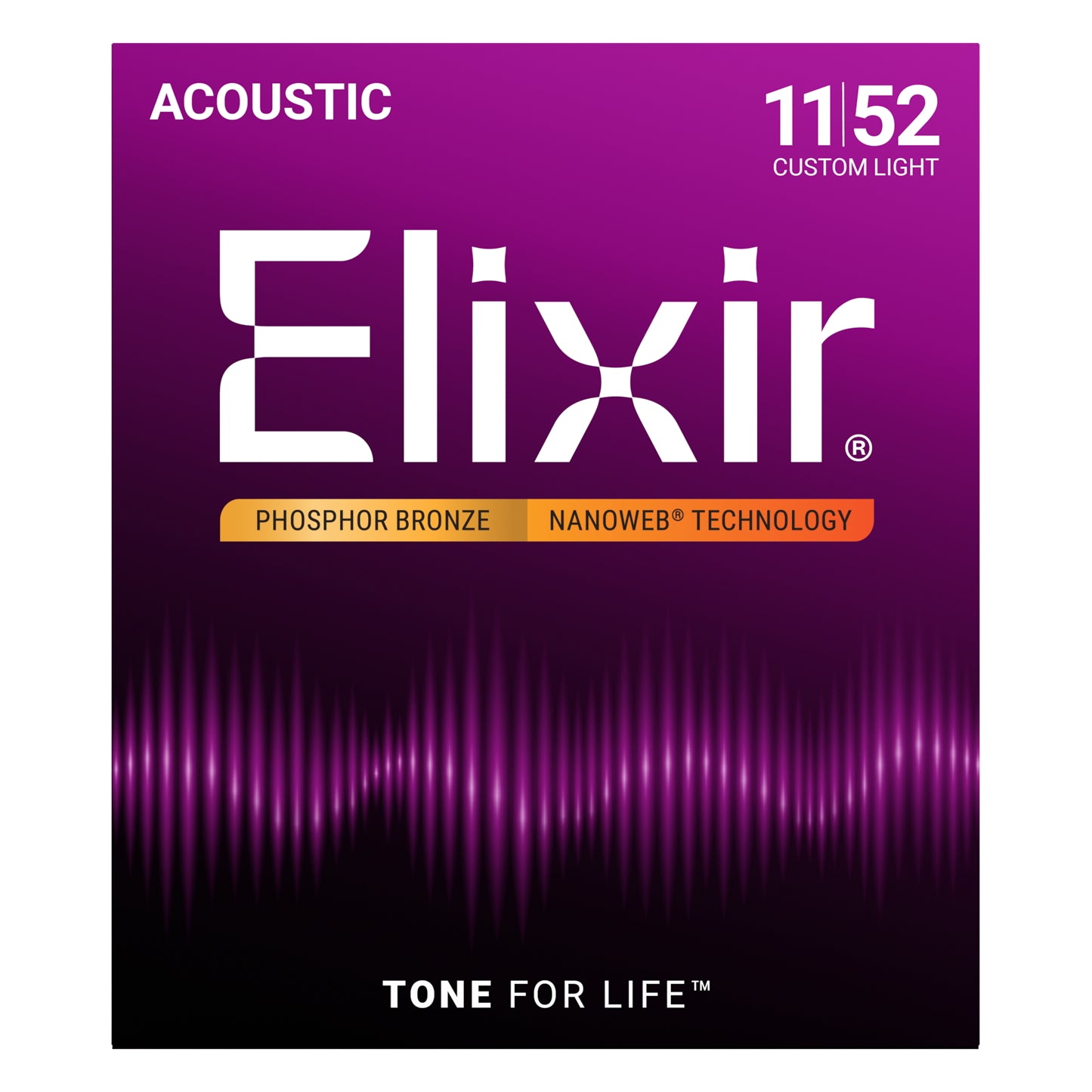 Elixir Nanoweb Phosphor Bronze Custom Light Acoustic Guitar Strings, 11-52