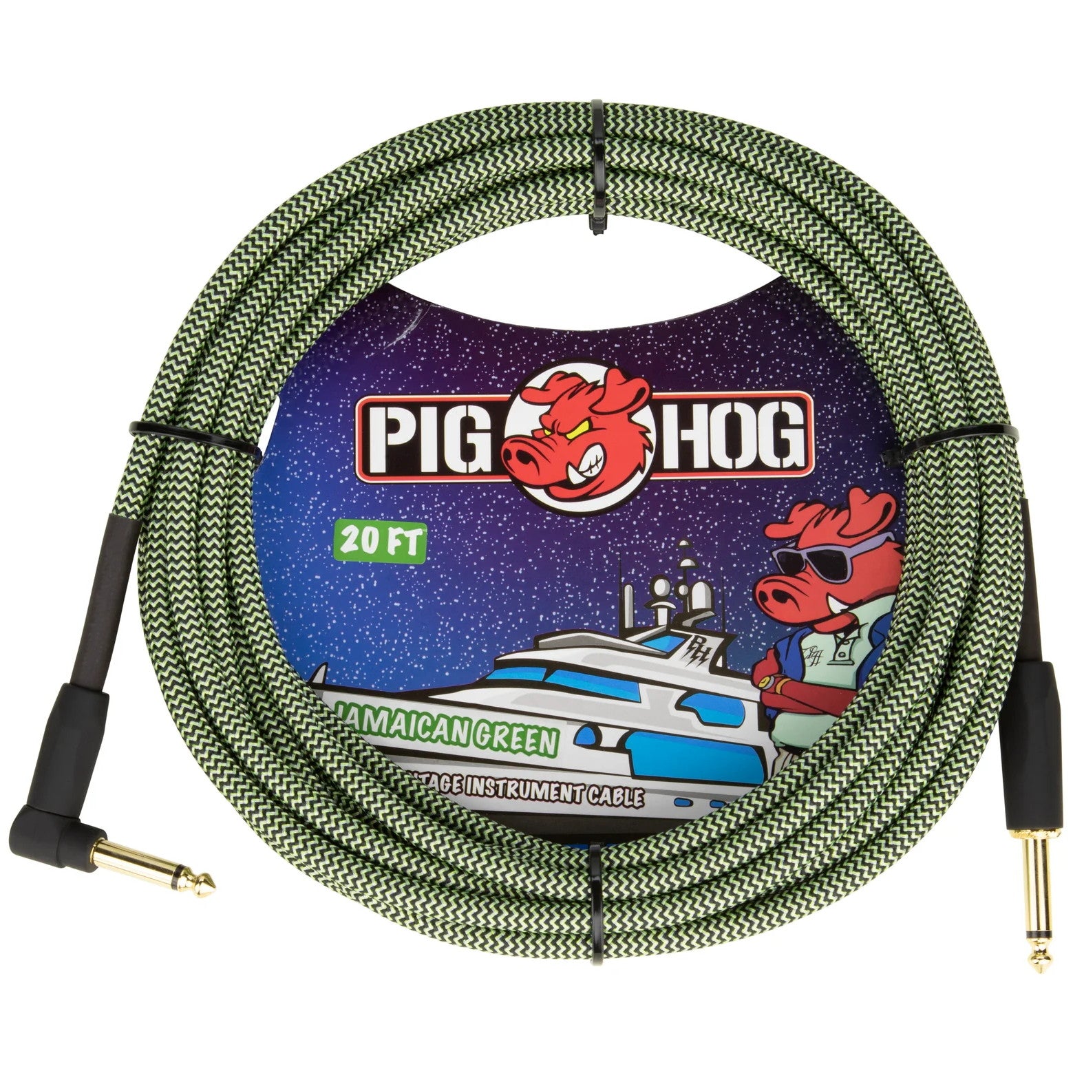 Pig Hog Instrument Cable, Straight-to-Right Angle, 20 Foot, Jamaican Green