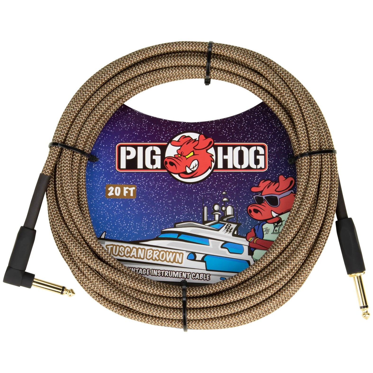 Pig Hog Instrument Cable, Straight-to-Right Angle, 20 Foot, Tuscan Brown