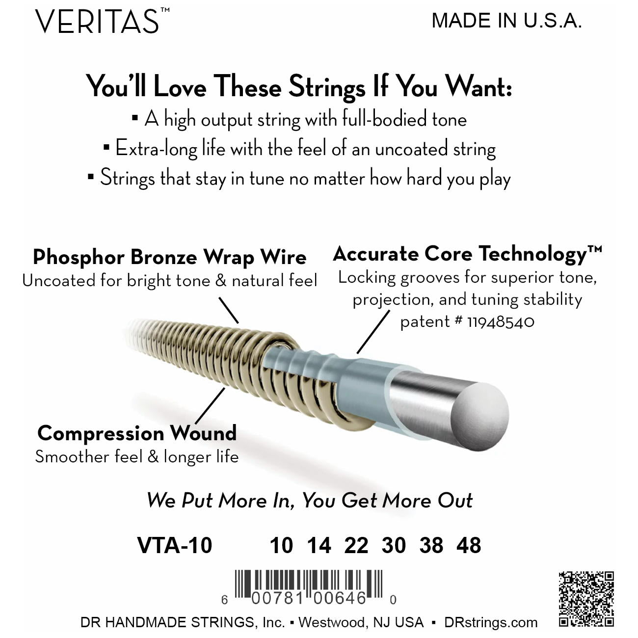 DR Strings VTA-10 Veritas Extra Light Acoustic Guitar Strings, 10-40, Image 4