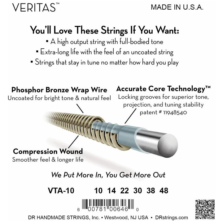 DR Strings VTA-10 Veritas Extra Light Acoustic Guitar Strings, 10-40, Image 4