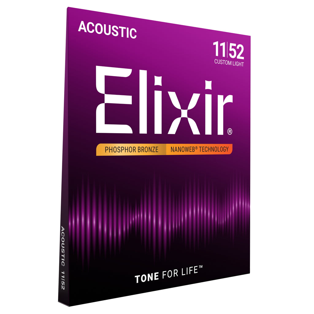 Elixir Nanoweb Phosphor Bronze Custom Light Acoustic Guitar Strings, 11-52