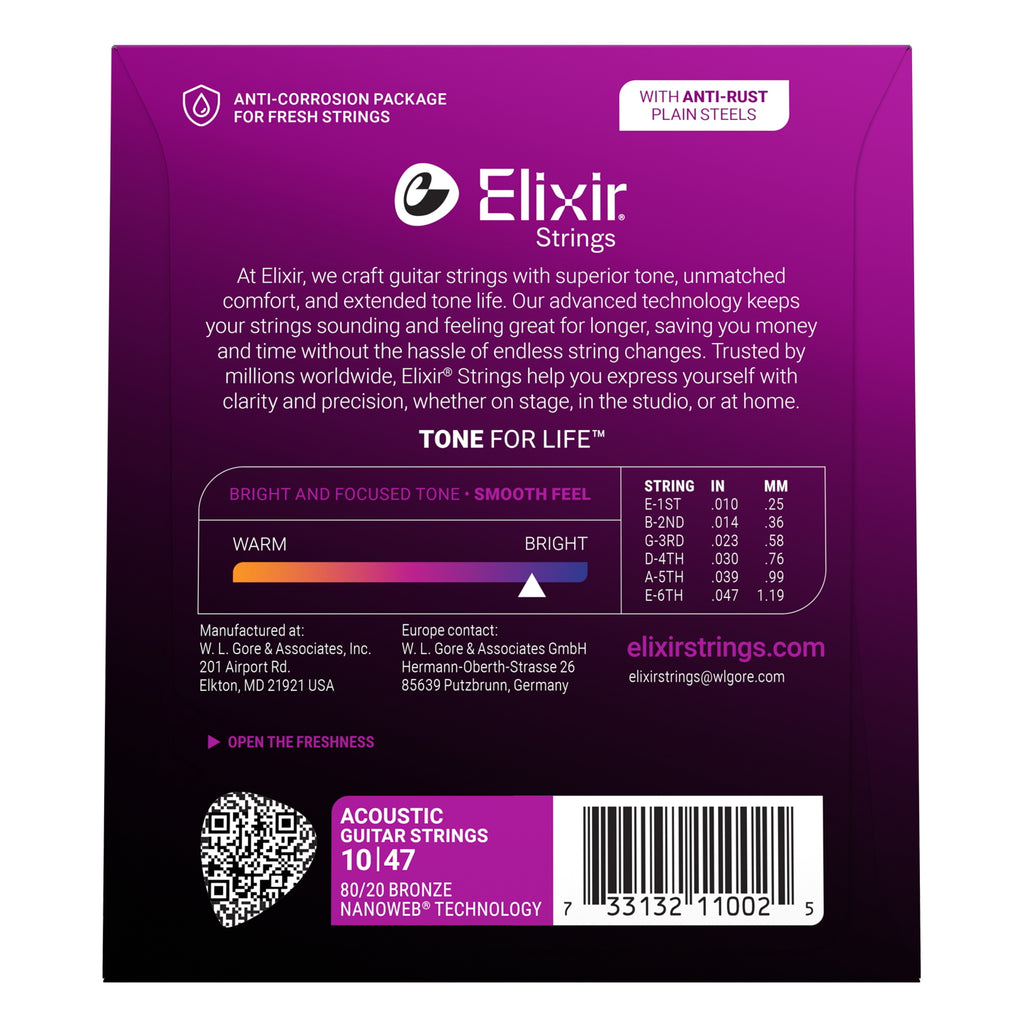 Elixir Nanoweb 80/20 Bronze Extra Light Acoustic Guitar Strings, 10-47