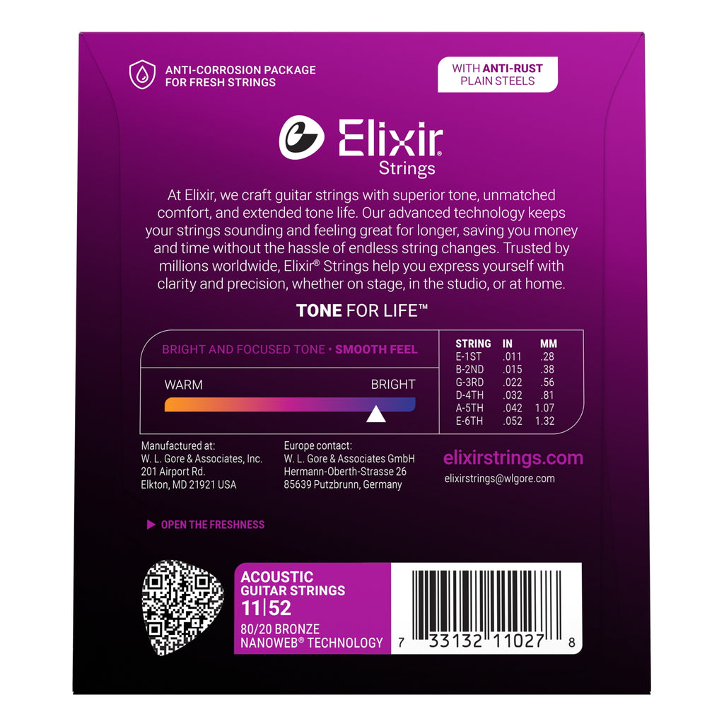 Elixir Nanoweb 80/20 Bronze Custom Light Acoustic Guitar Strings, 11-52
