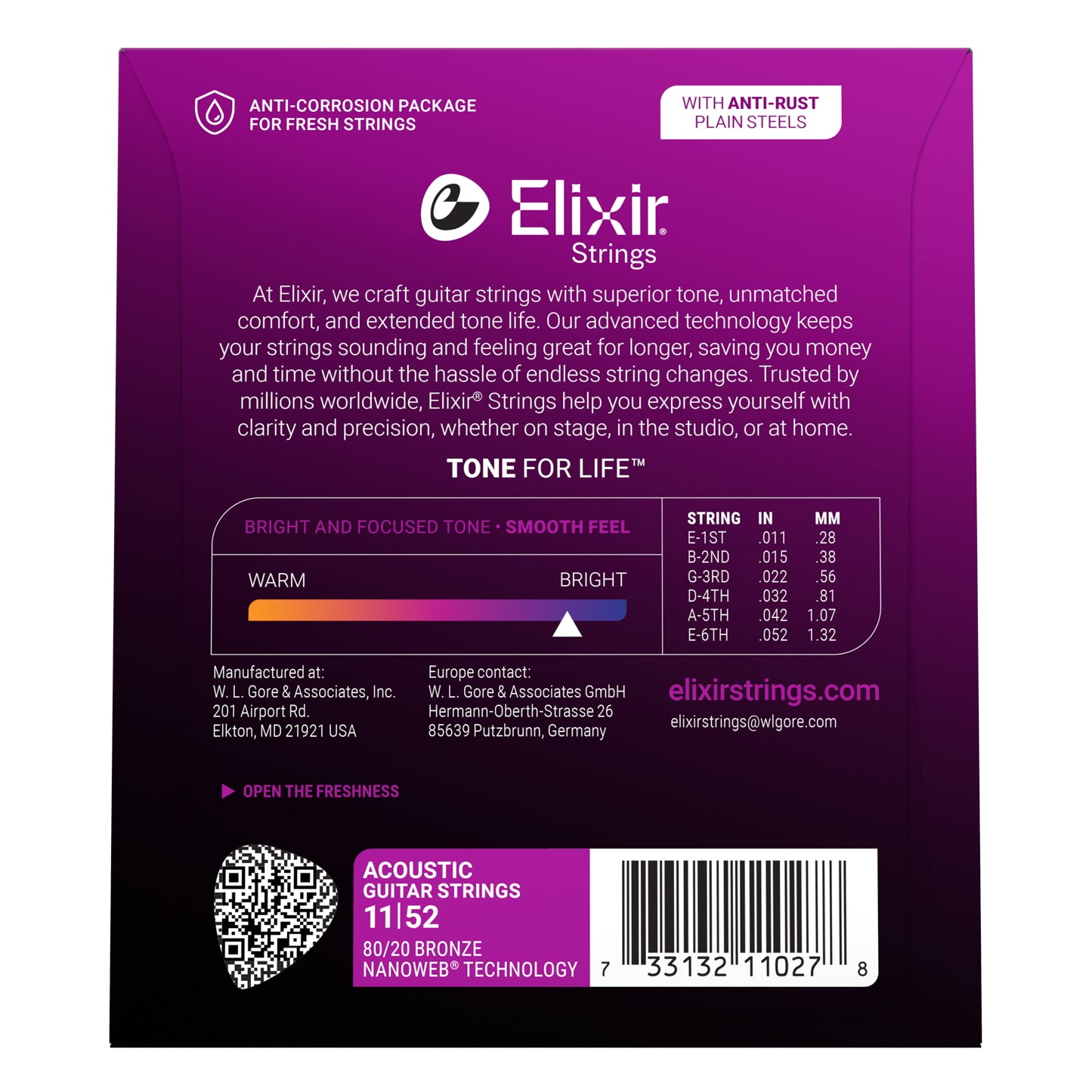 Elixir Nanoweb 80/20 Bronze Custom Light Acoustic Guitar Strings, 11-52