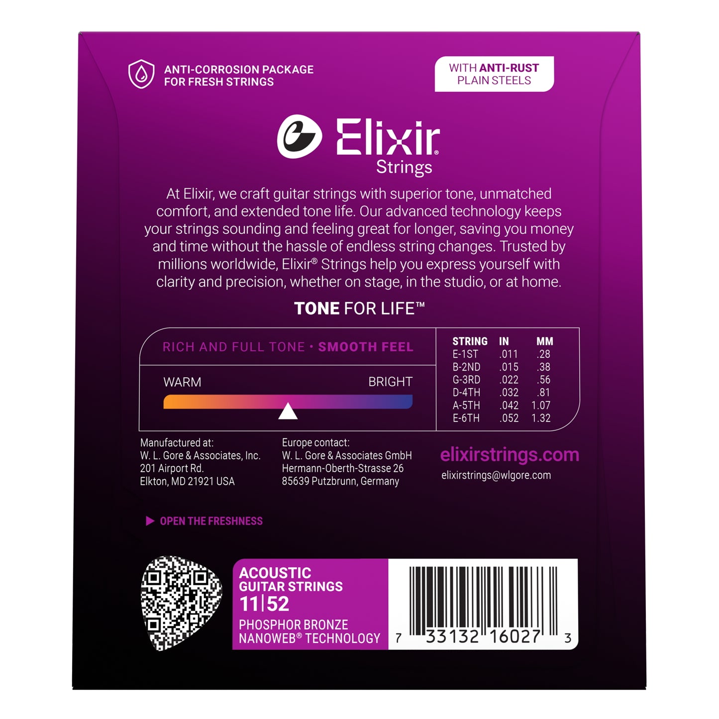 Elixir Nanoweb Phosphor Bronze Custom Light Acoustic Guitar Strings, 11-52