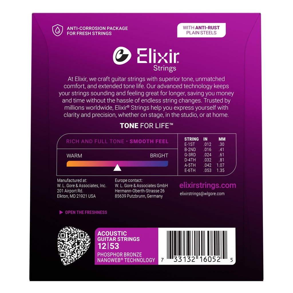 Elixir Nanoweb Phosphor Bronze Light Acoustic Guitar Strings, 12-53