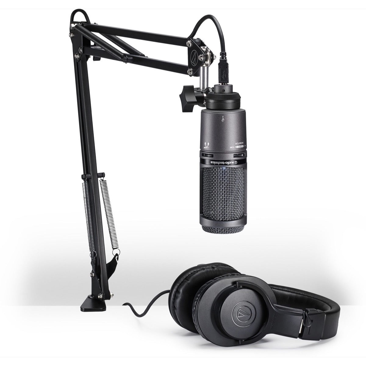 Audio-Technica AT2020 USB Plus Condenser Microphone, Pack with ATH-M20x Headphones and Desktop Boom Arm