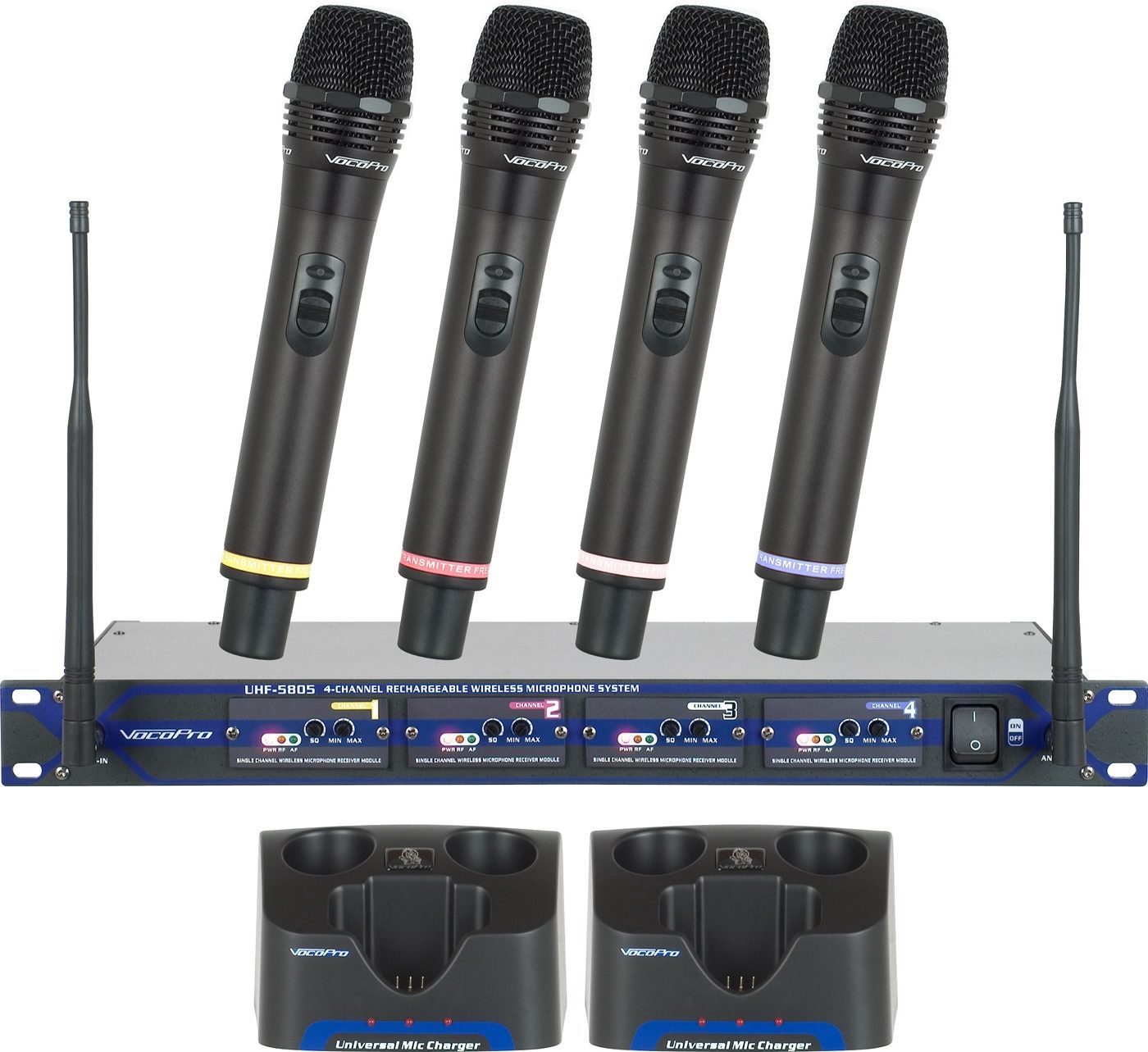 VocoPro UHF-5805 4-Channel Rechargeable Handheld Wireless Microphone System, with Microphone Stands
