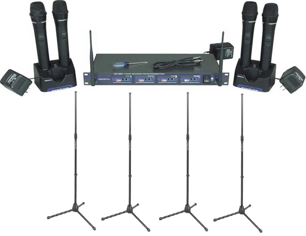 VocoPro UHF-5805 4-Channel Rechargeable Handheld Wireless Microphone System, with Microphone Stands