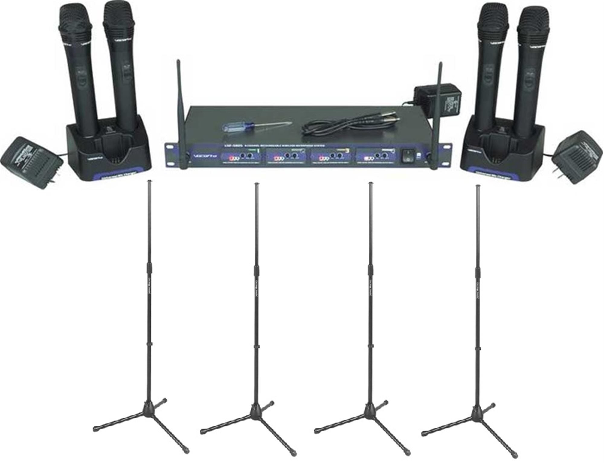 VocoPro UHF-5805 4-Channel Rechargeable Handheld Wireless Microphone System, with Microphone Stands