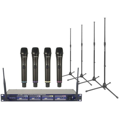 VocoPro UHF-5805 4-Channel Rechargeable Handheld Wireless Microphone System, with Microphone Stands