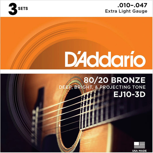 D'Addario EJ10 Extra Light 3-Pack of 80/20 Bronze Acoustic Guitar Strings