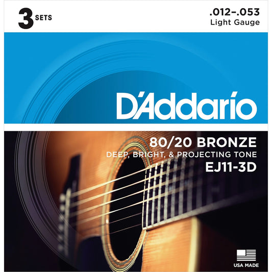 D'Addario EJ11 Light 3-Pack of 80/20 Bronze Acoustic Guitar Strings