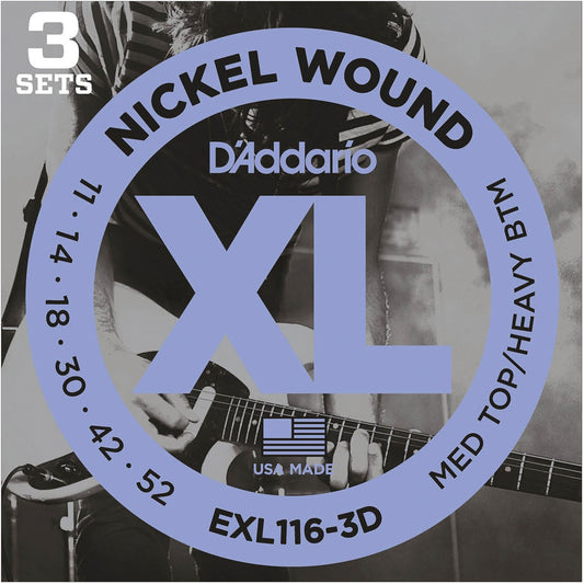 D'Addario EXL116, Medium Top/Heavy Bottom 3-Pack of Nickel Wound Electric Guitar Strings