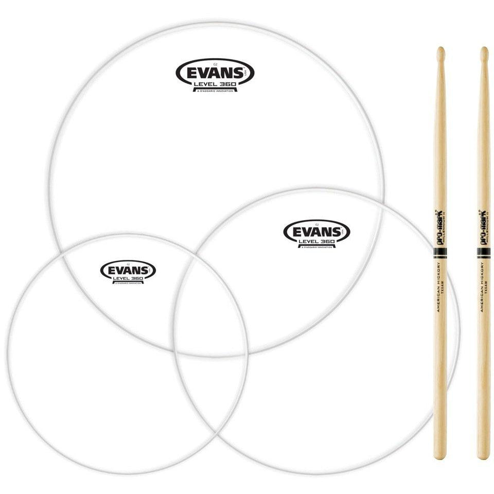 Evans Genera G2 Clear Drumhead Tom Pack, Rock with ProMark TX5AW Drum Sticks, 10, 12, 16 Inch
