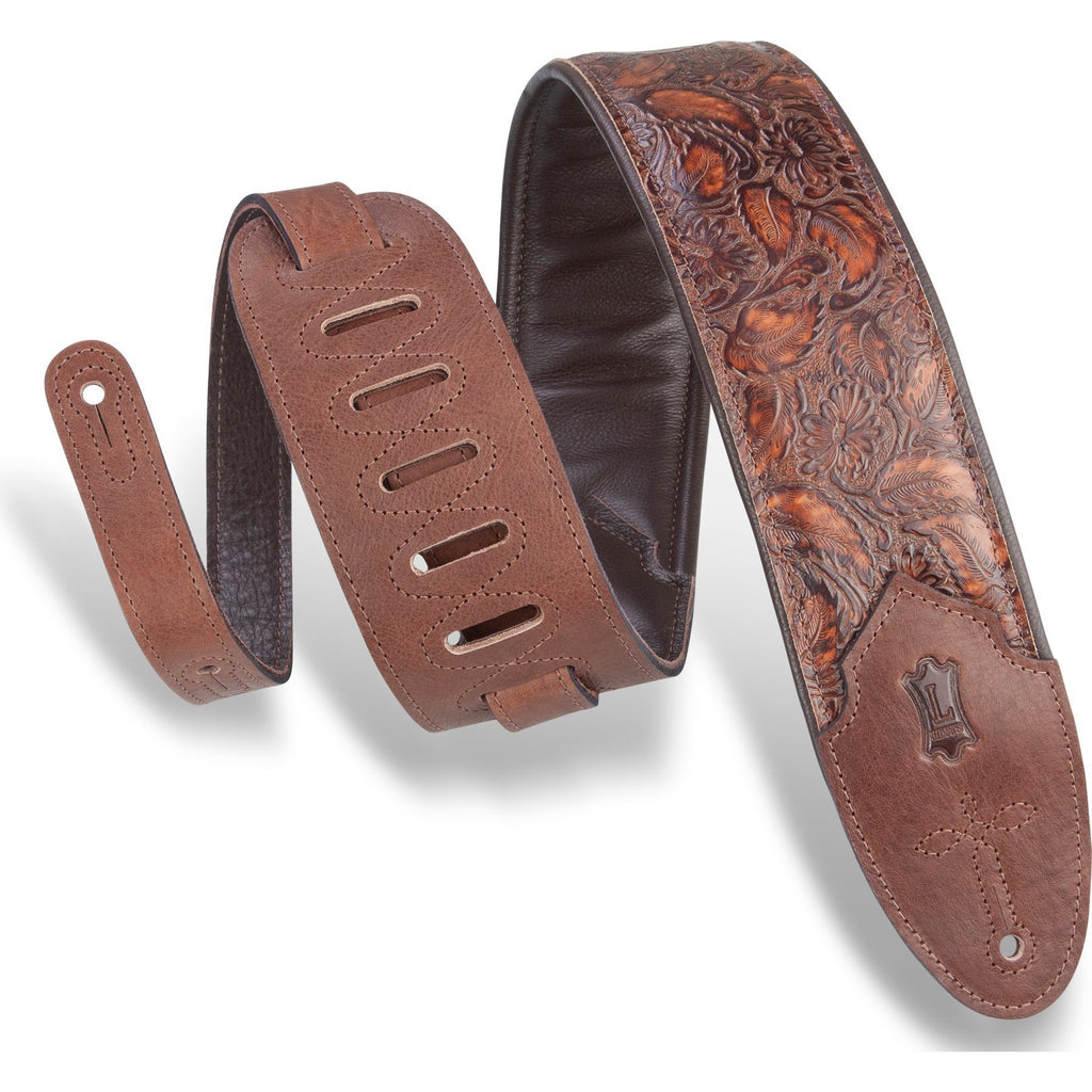 Levy's 3 Inch Wide Embossed Leather Guitar Strap, Whiskey, M4WP-006
