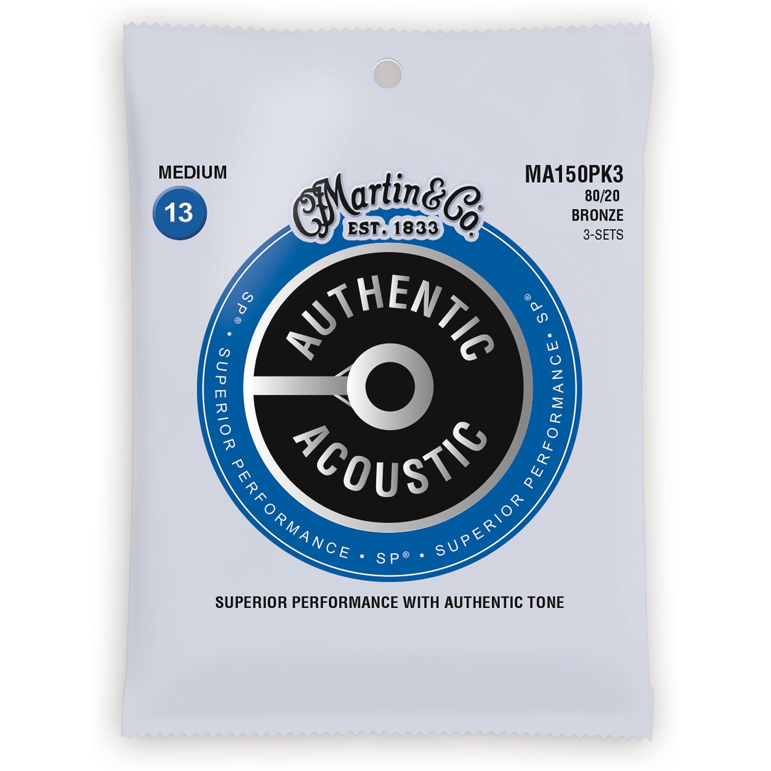 Martin MA150 Authentic SP 80/20 Bronze Medium Acoustic Guitar Strings, 3-Pack