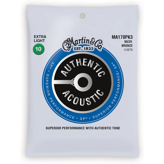 Martin Authentic SP 80/20 Bronze Acoustic Guitar Strings, MA170, 3-Pack, Extra Light
