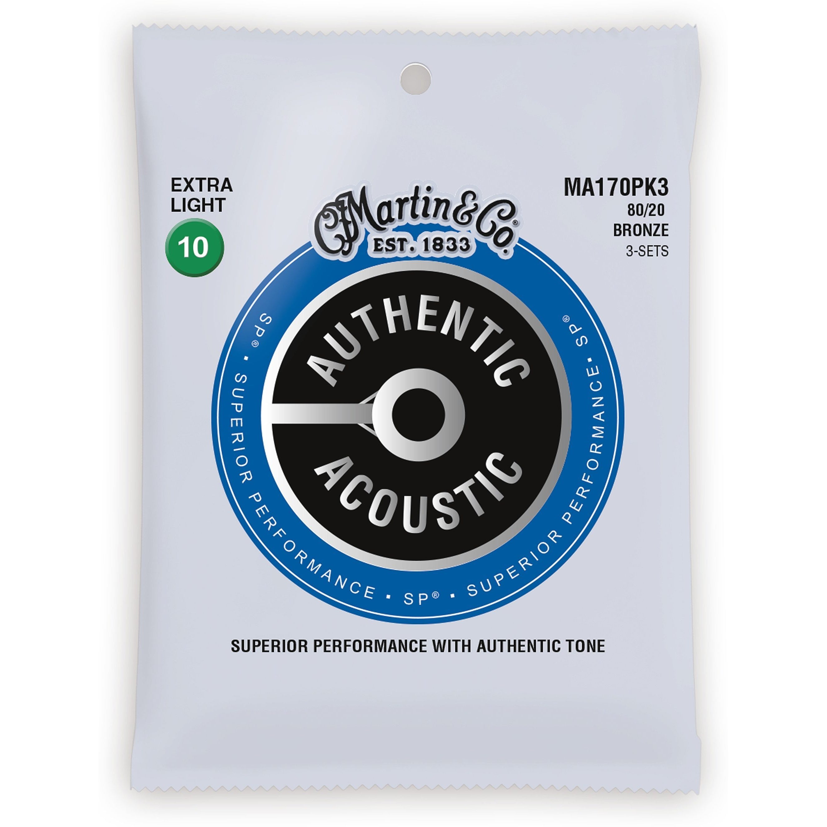 Martin MA170 Authentic SP 80/20 Bronze Extra Light Acoustic Guitar Strings, 3-Pack