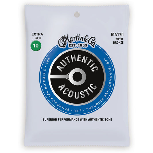 Martin Authentic SP 80/20 Bronze Acoustic Guitar Strings, MA170, Extra Light