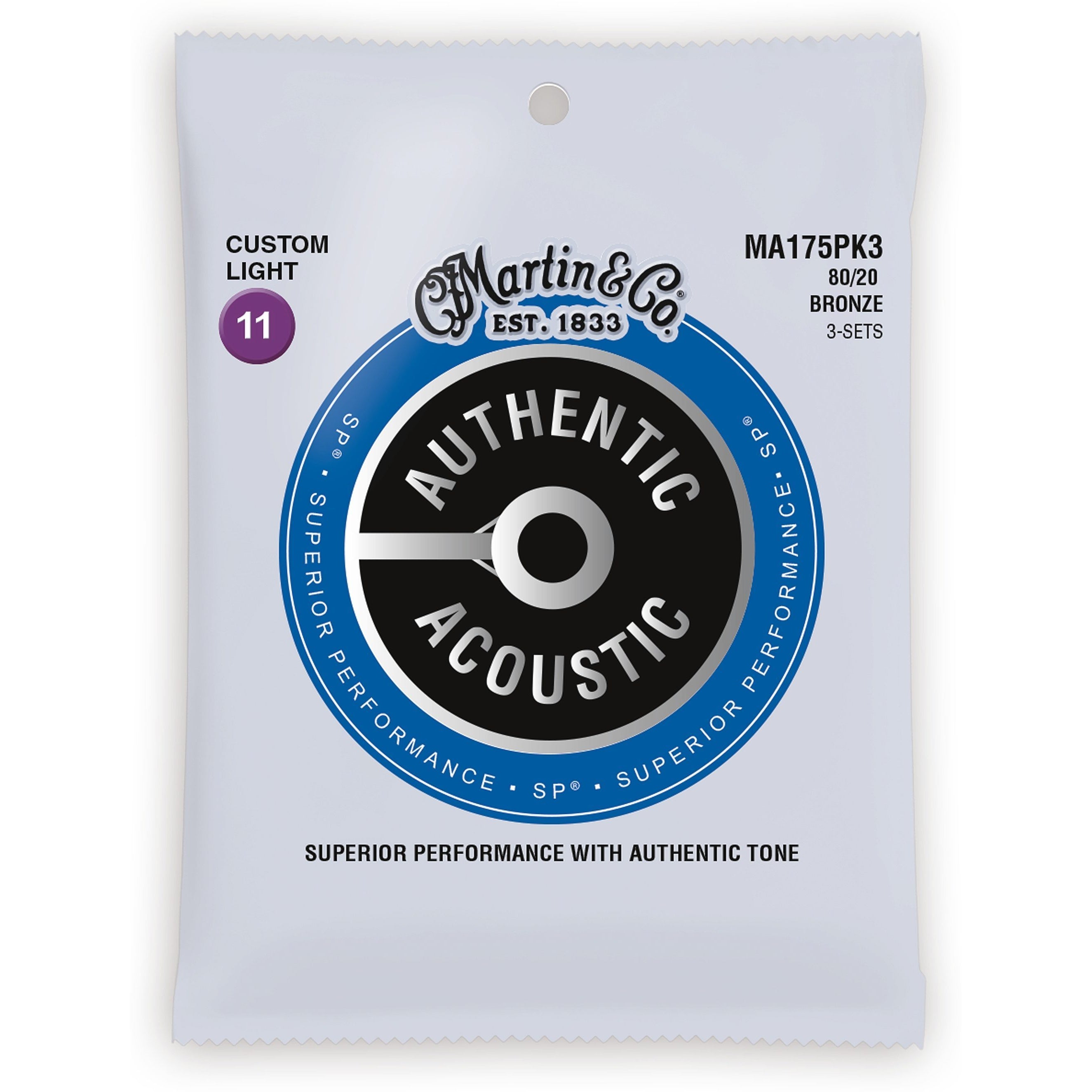Martin MA175 Authentic SP 80/20 Bronze Custom Light Acoustic Guitar Strings, 3-Pack
