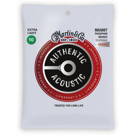 Martin Authentic Lifespan 2.0 Treated Phosphor Bronze 12-String Acoustic Guitar Strings, MA500T, Extra Light
