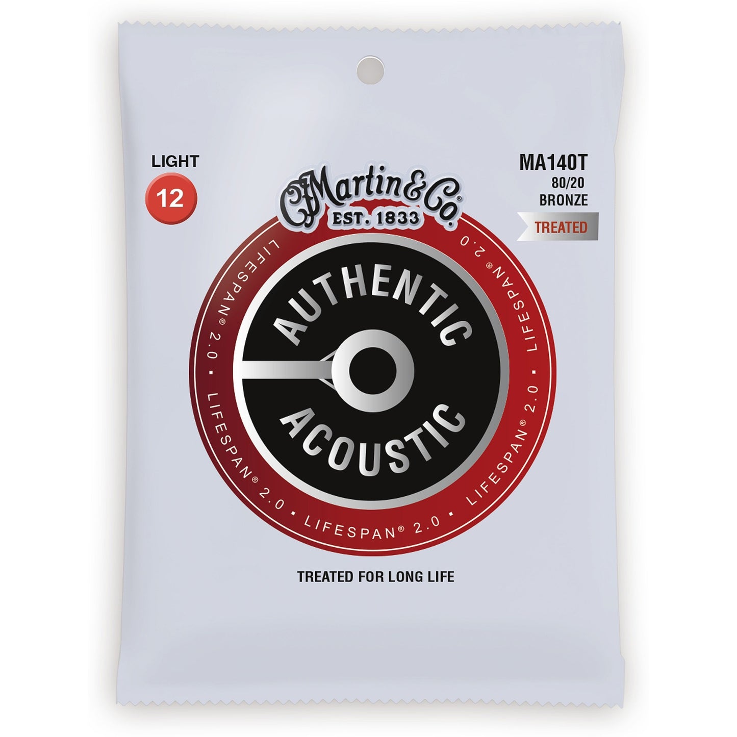 Martin Authentic Lifespan 2.0 Treated 80/20 Bronze Acoustic Guitar Strings, MA140T, Light