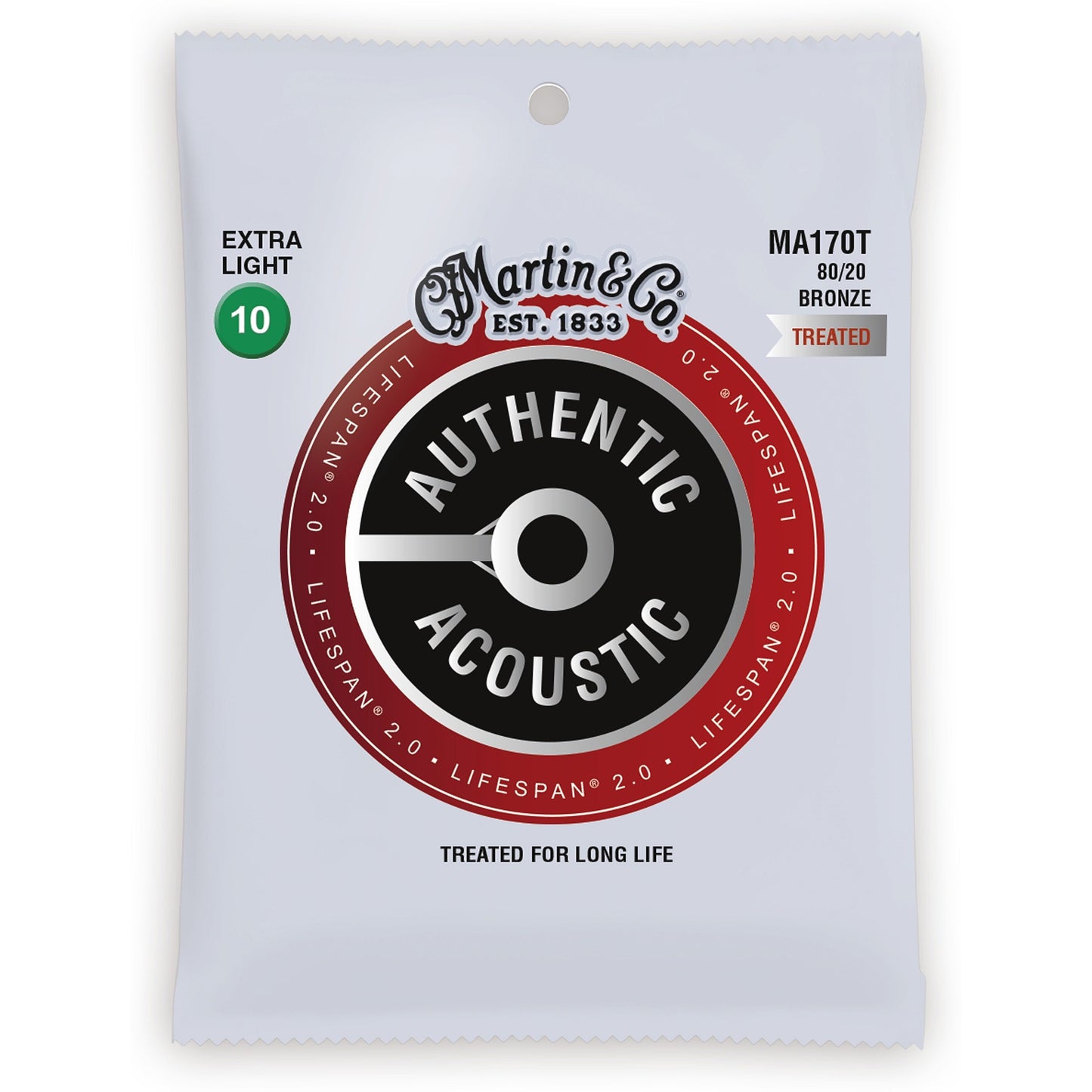 Martin Authentic Lifespan 2.0 Treated 80/20 Bronze Acoustic Guitar Strings, MA170T, Extra Light