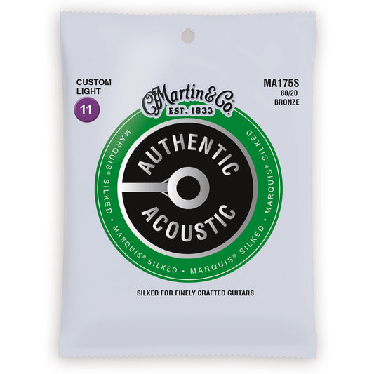 Martin Authentic Marquis Silked 80/20 Bronze Acoustic Guitar Strings, MA175S, Custom Light