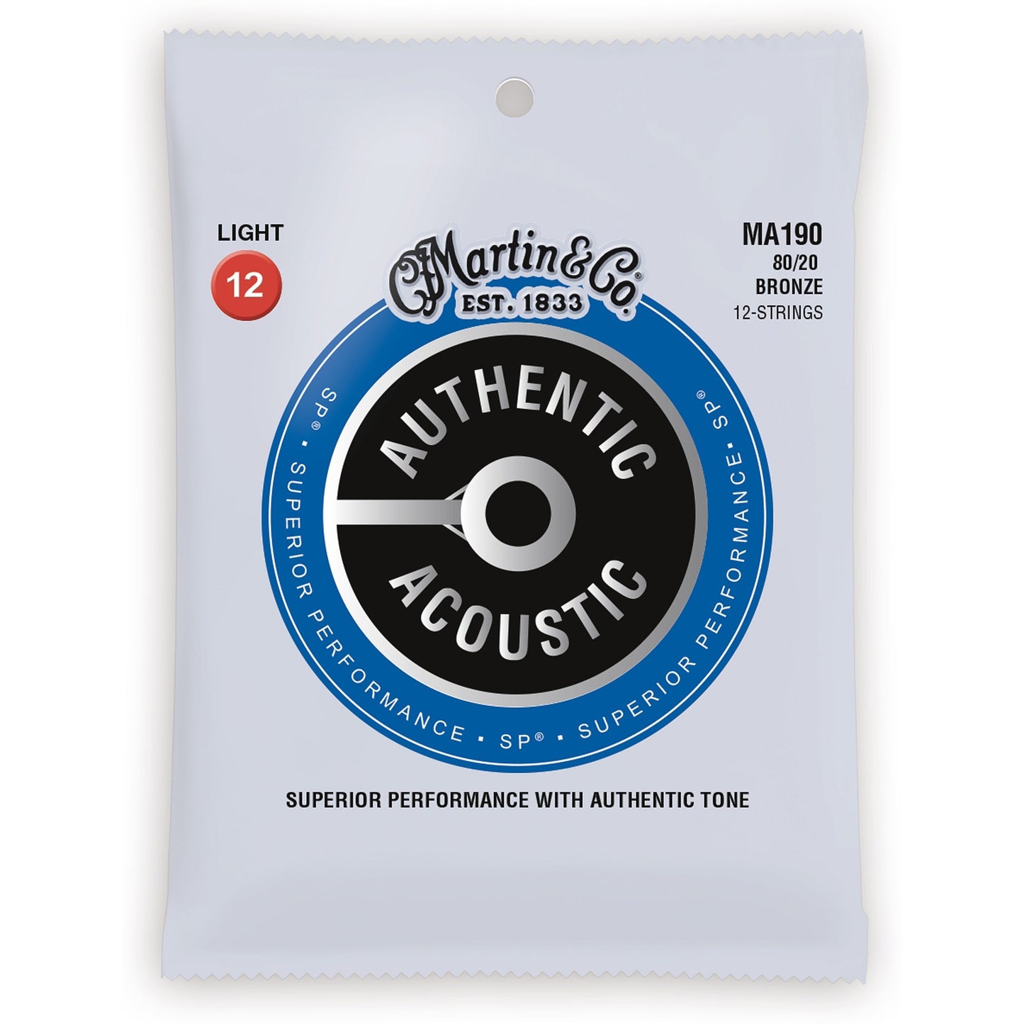 Martin Authentic SP 80/20 Bronze 12-String Acoustic Guitar Strings, MA190, Light