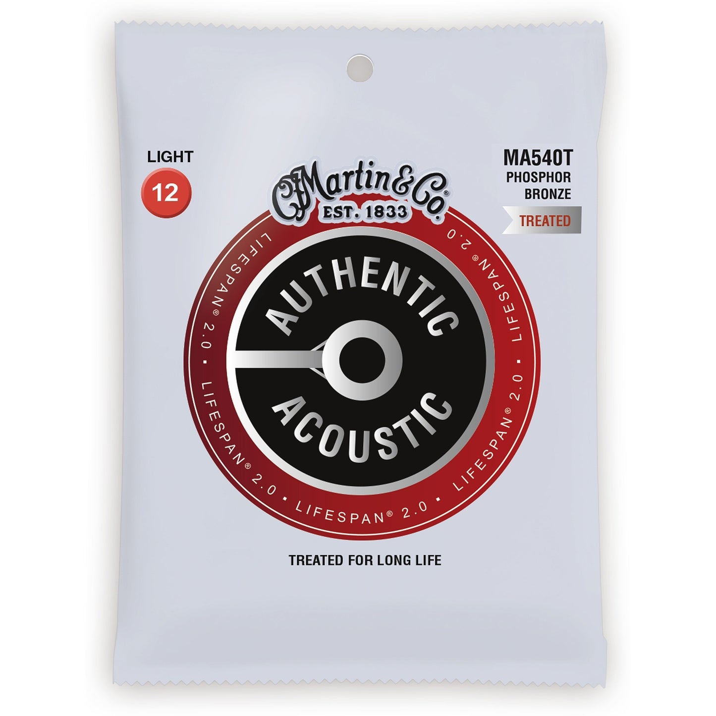 Martin Authentic Lifespan 2.0 Treated Phosphor Bronze Acoustic Guitar Strings, MA540T, Light