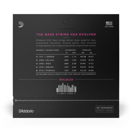 D'Addario NYXL45130 Long Scale Nickel Wound 5-String Electric Bass Strings