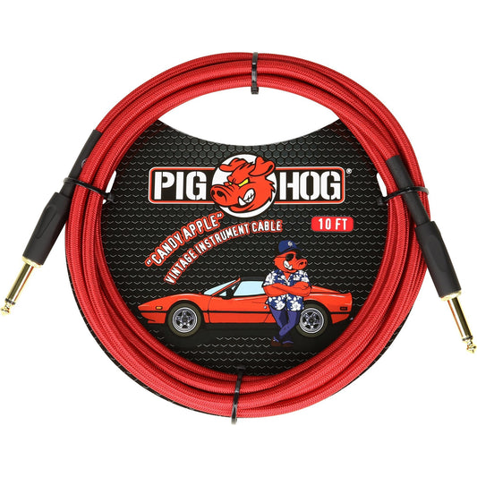 Pig Hog Vintage Series Instrument Cable, 1/4 Inch Straight to 1/4 Inch Straight, Candy Apple Red, 10 Foot