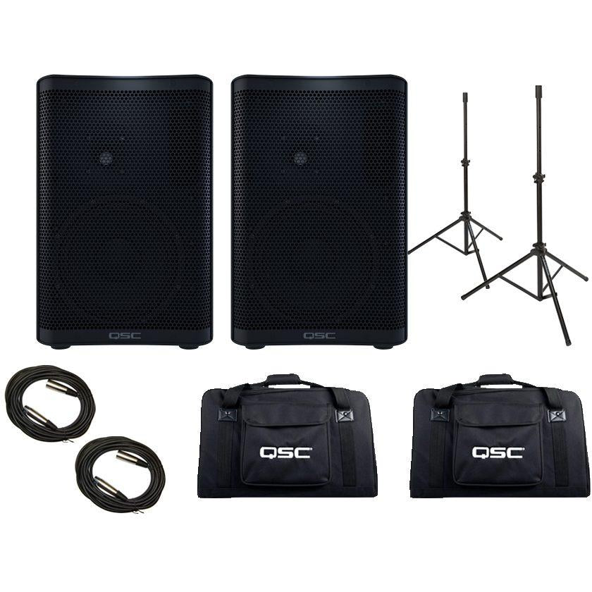 QSC CP8 Compact Active Loudspeakers - Pair with Bags, Stands & Cables