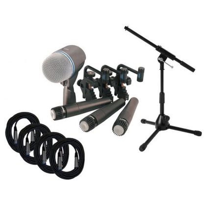 Shure DMK57-52 Drum Microphone Package (3 x SM57, 1 x Beta52, Case, Drum Mounts), with Tripod Stand and 4 Mic Cables (18.5 Foot)