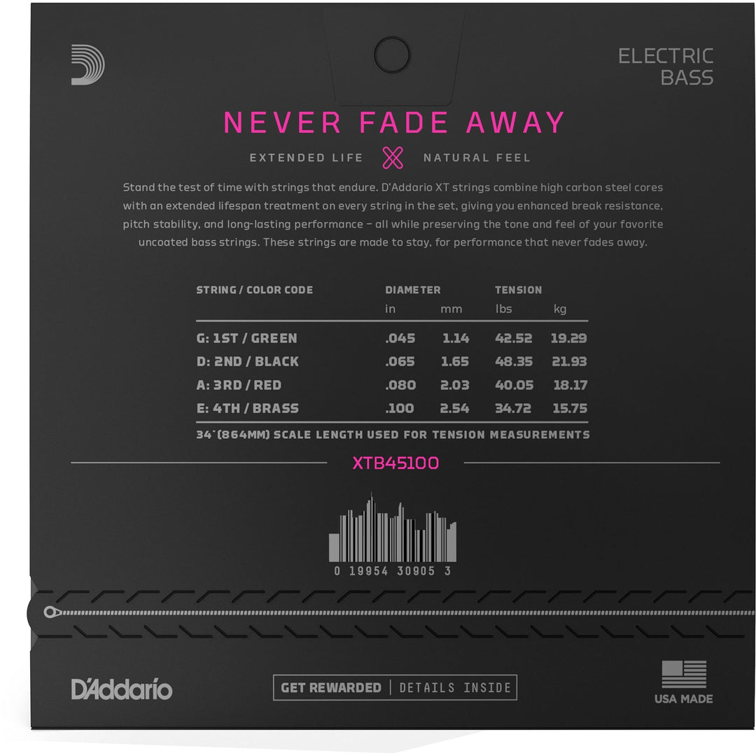 D'Addario XTB XT Electric Bass Guitar Strings, 45-100
