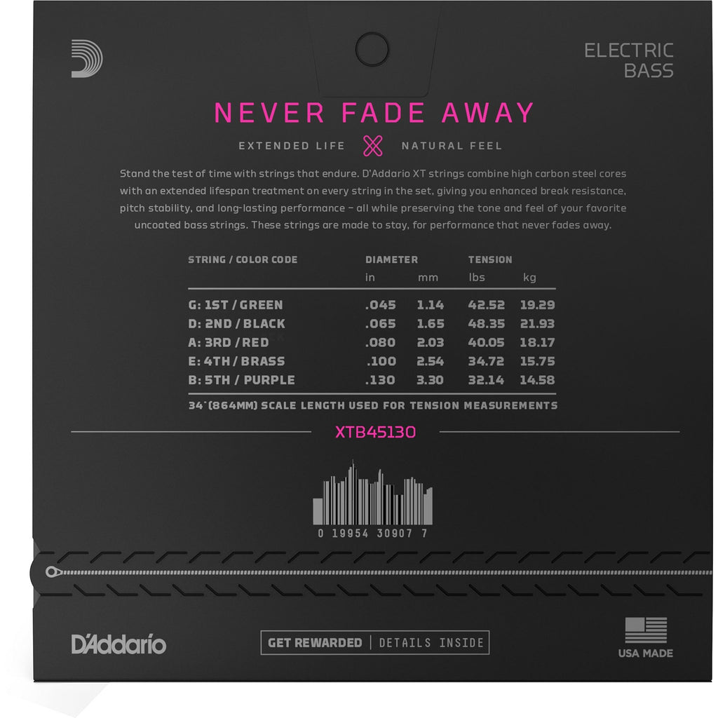 D'Addario XTB XT Electric Bass Guitar Strings, 5-String, 45-130