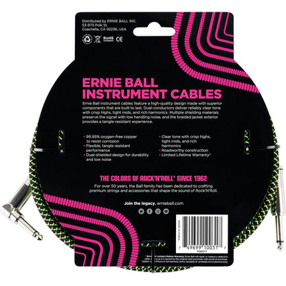 Ernie Ball Braided Instrument Cable, Black and Green, 10 Foot