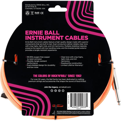 Ernie Ball Braided Instrument Cable, Neon Orange, 10 Foot
