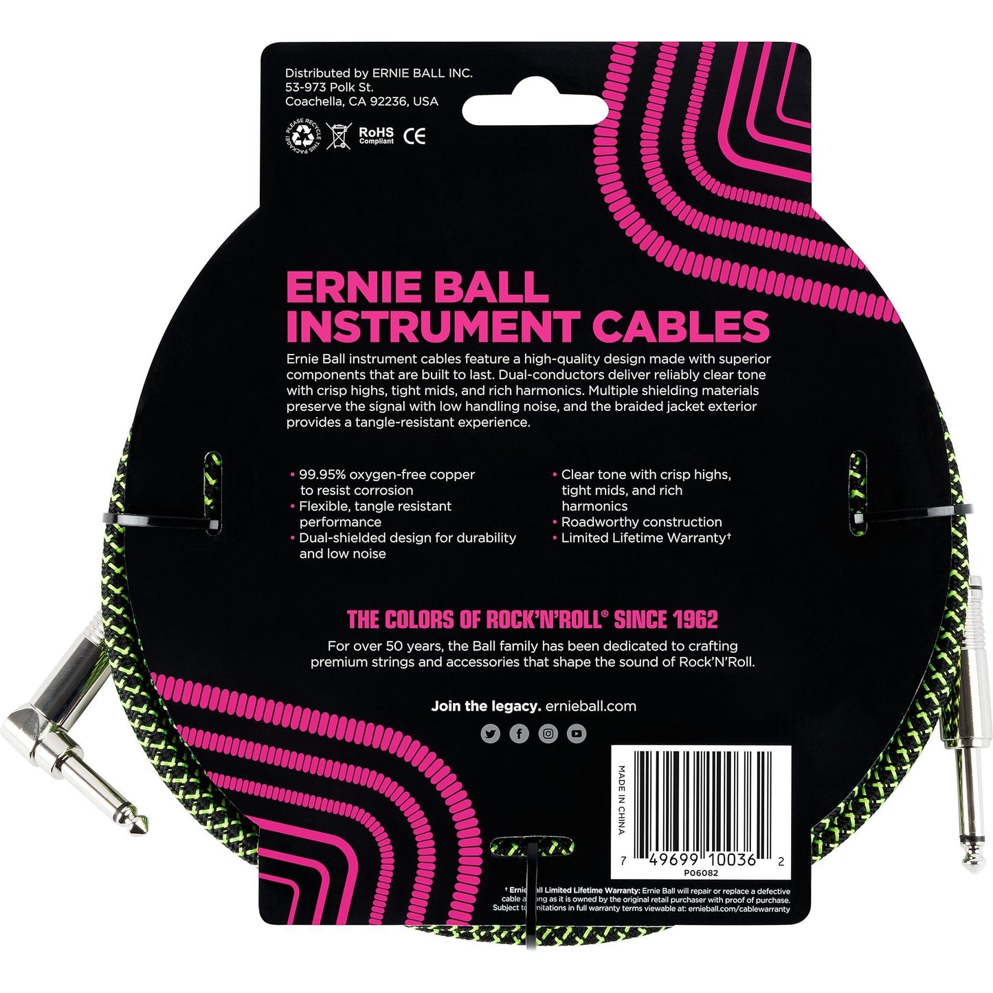 Ernie Ball Braided Instrument Cable, Black and Green, 18'