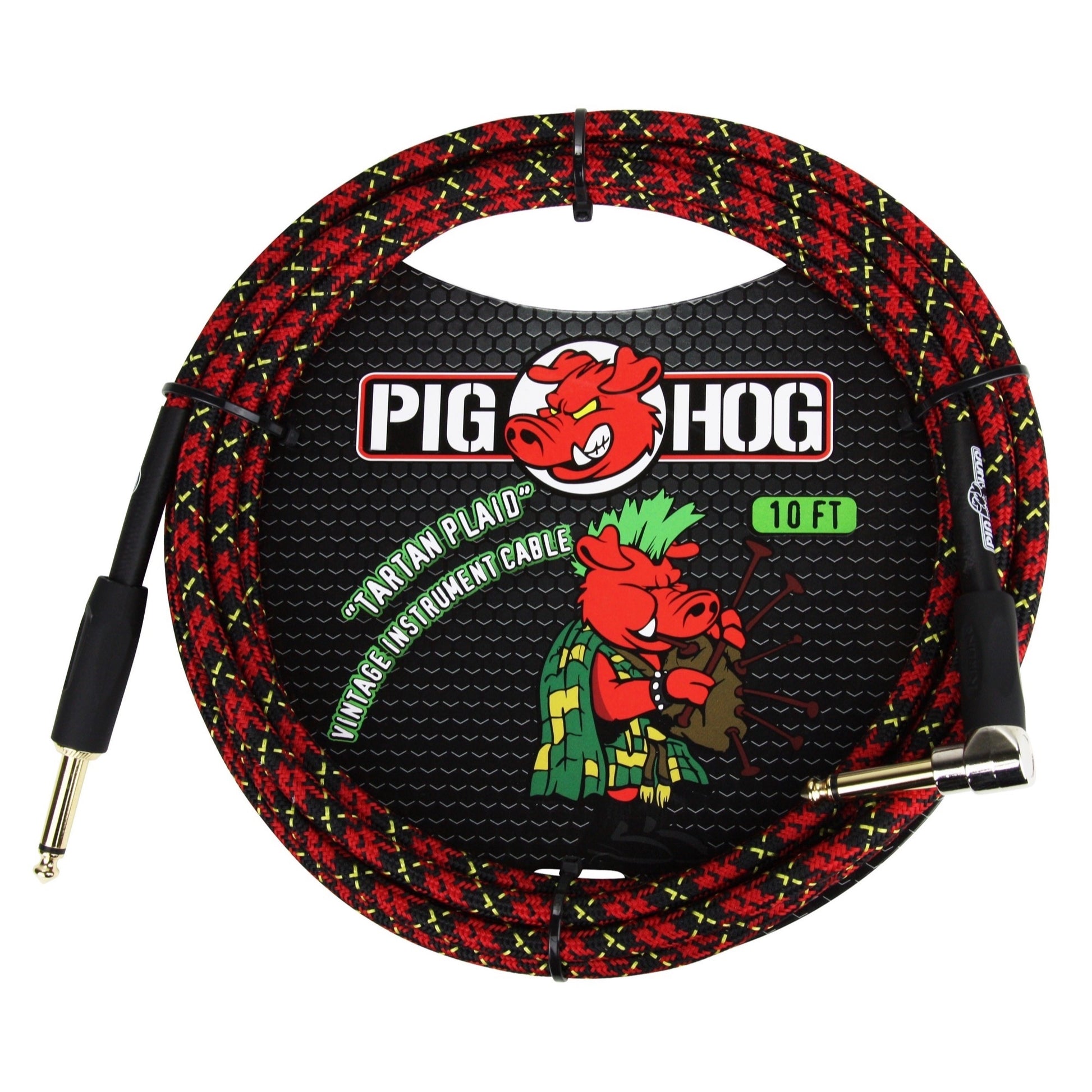 Pig Hog Color Instrument Cable, 1/4 Inch Straight to 1/4 Inch Right Angle, Tartan Plaid, 10 Foot