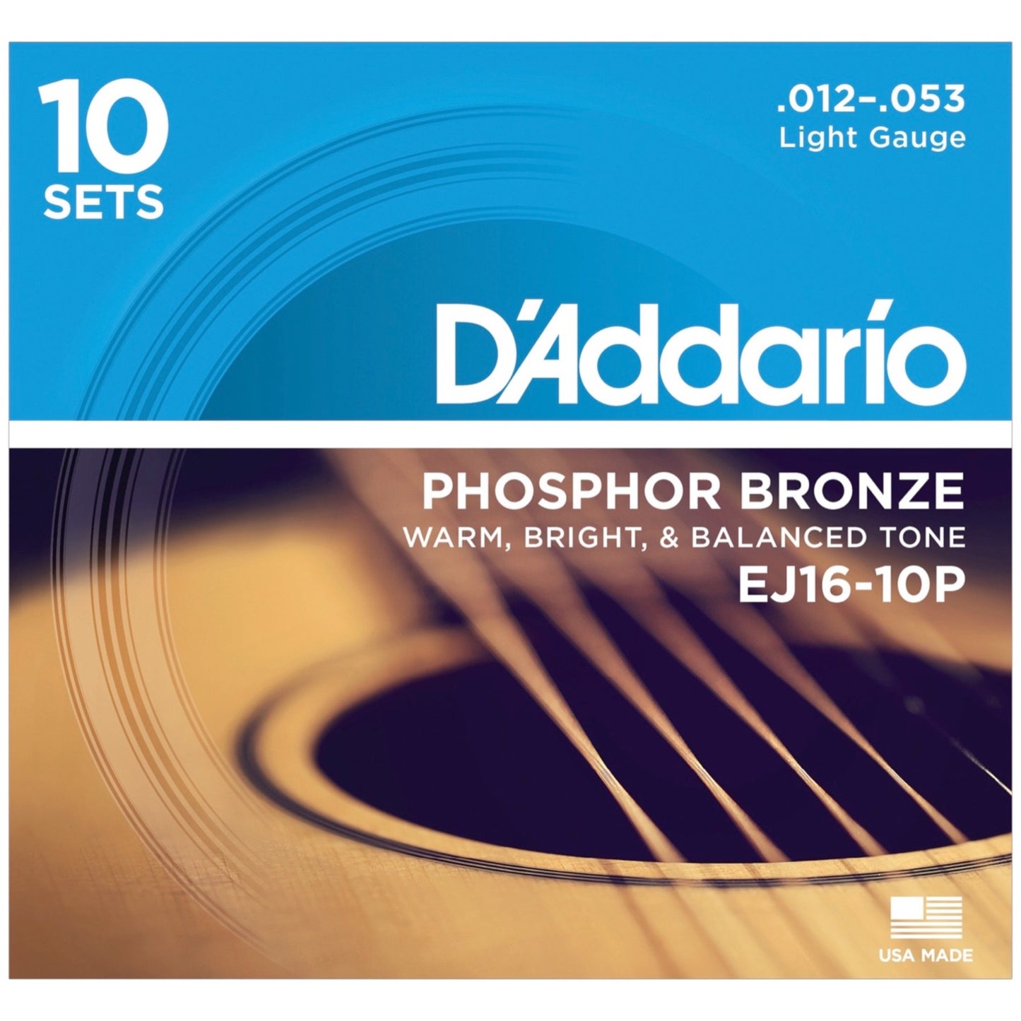D'Addario EJ16 Phosphor Bronze Acoustic Guitar Strings (Light, 12-53), 10-Pack